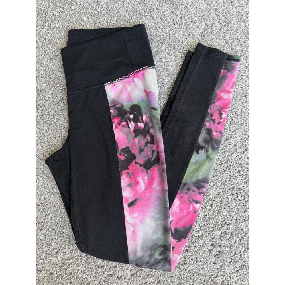Athleta athletic leggings black body with vibrant pink colorful floral sides M